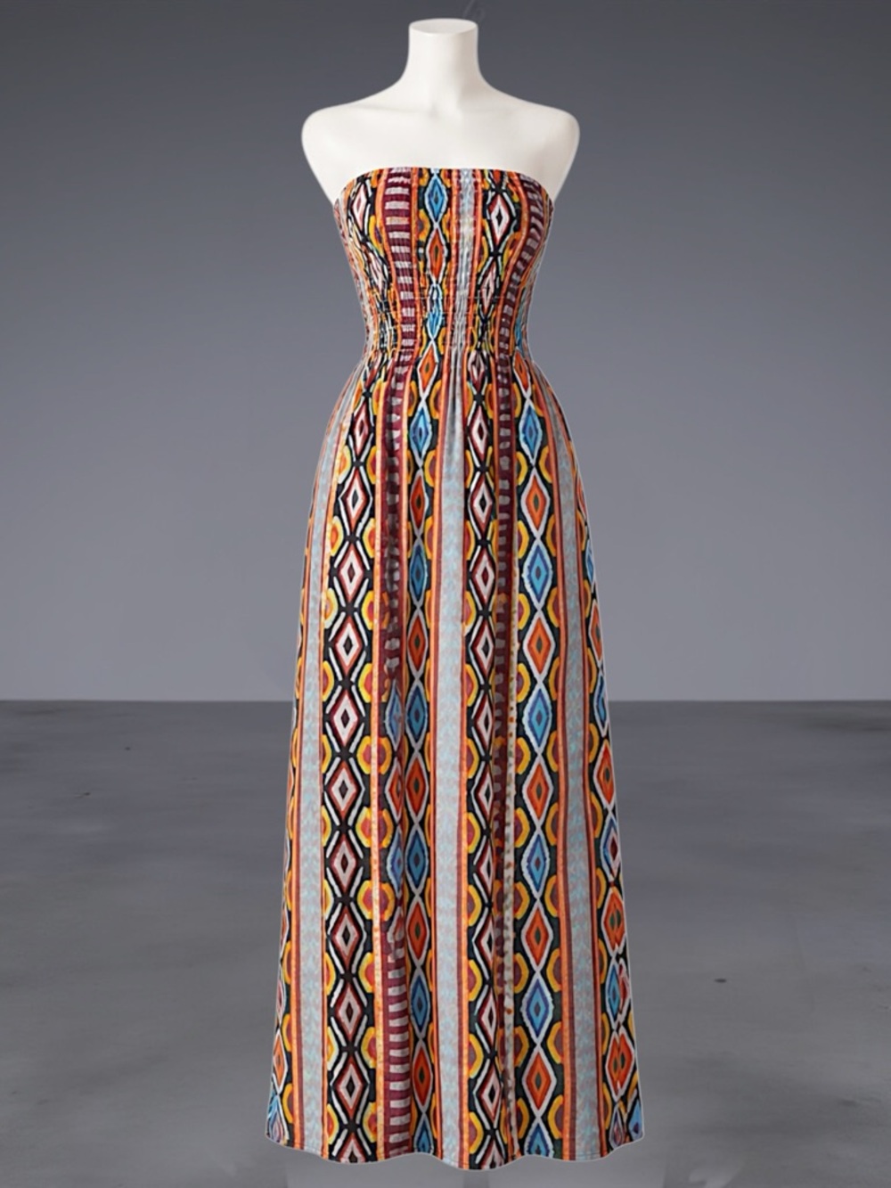 Strapless Smocked Bohemian Maxi Dress - Multicolor - Picture 12 of 13